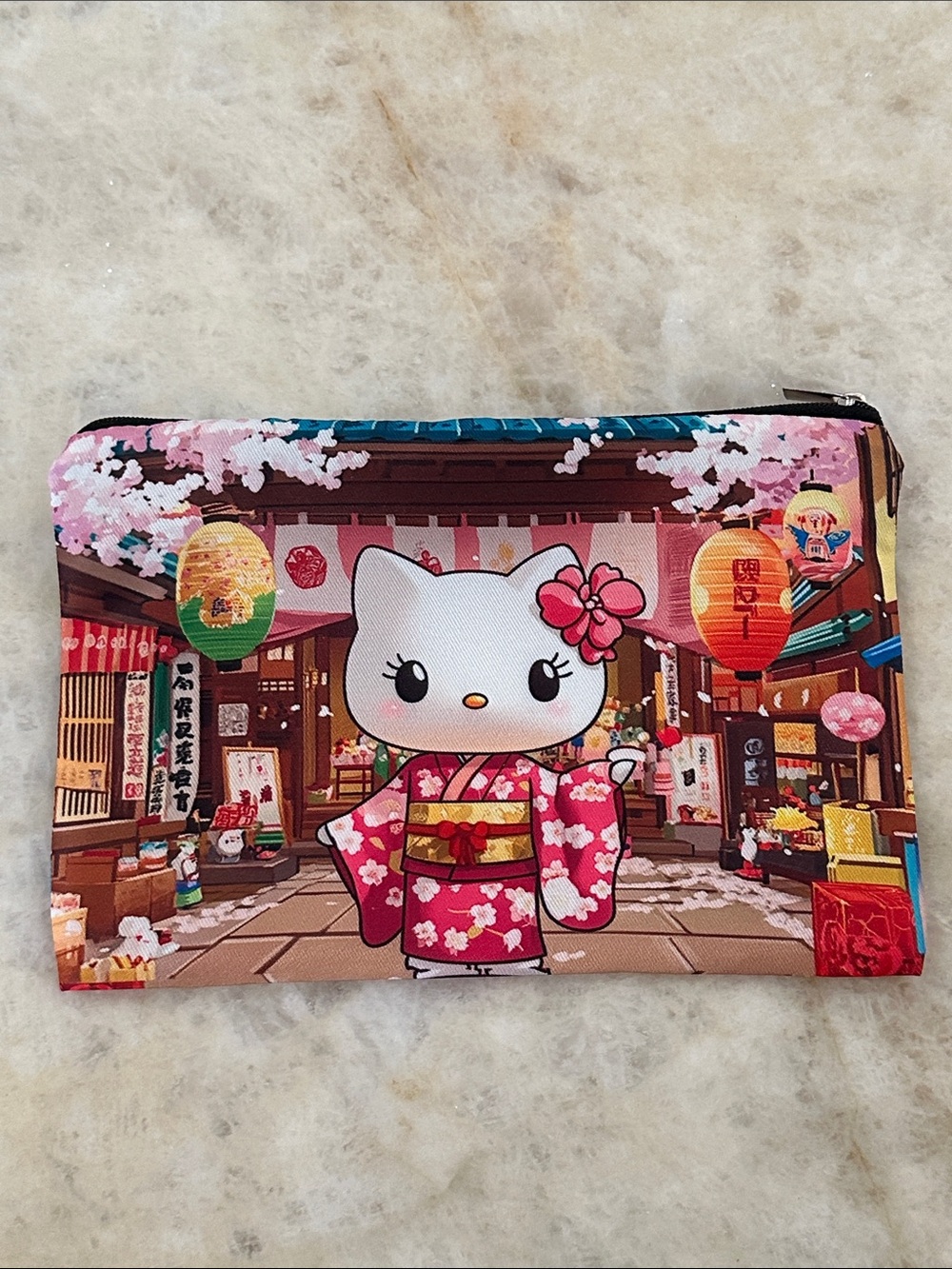 Hello Kitty Pink Floral Kimono Zip Pouch with Red and Yellow Accents - Picture 2 of 2
